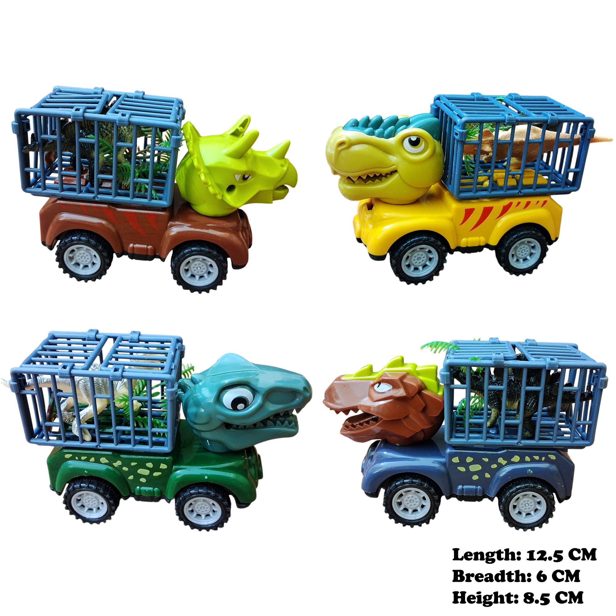 Set Of 4 Pull & Push Prehistoric Dinosaur Head Transport Truck with Cage