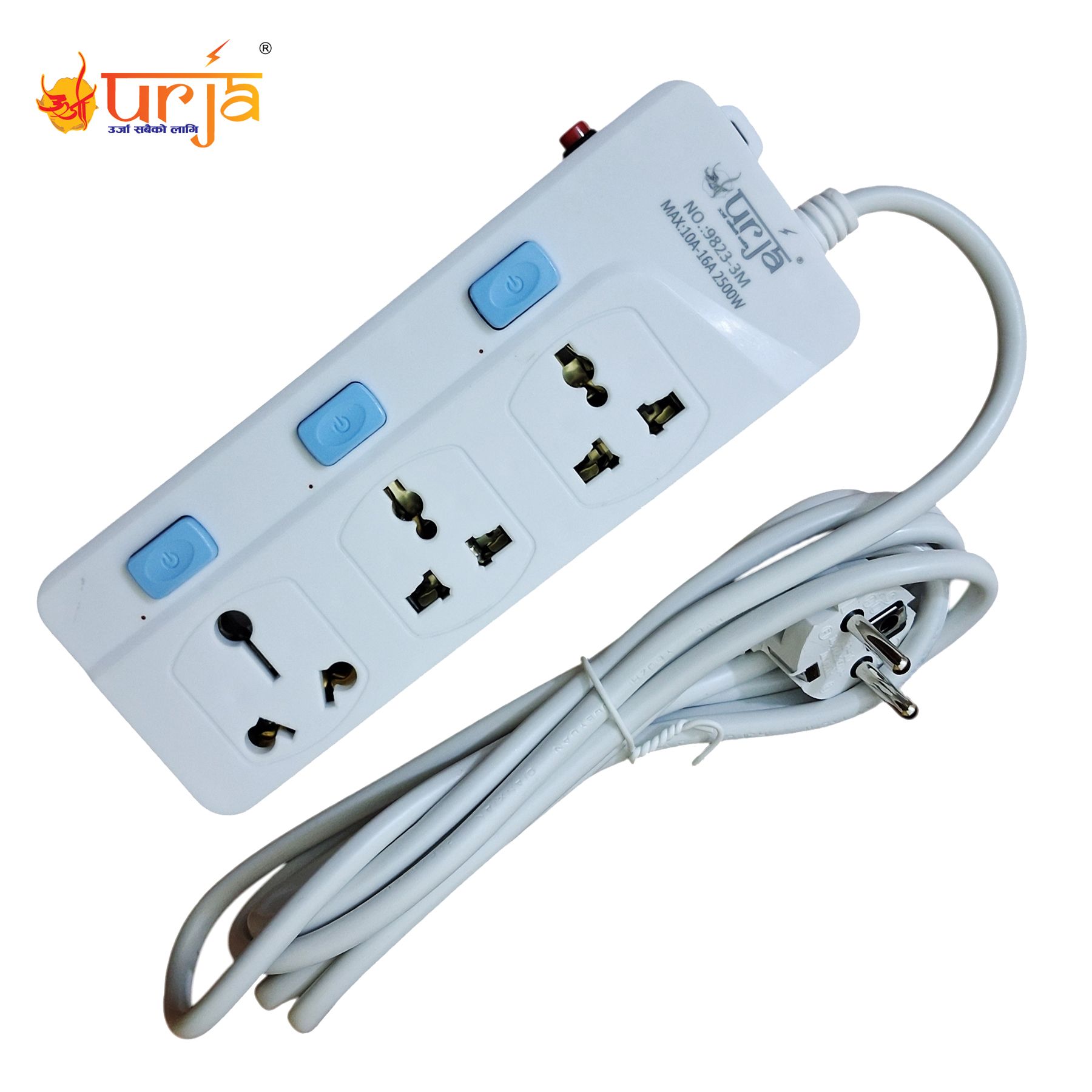 Urja 9823-3M 3-Socket Power Strip with Surge Protector, 2.5M Cable, Individual Switches, Universal Multiplug