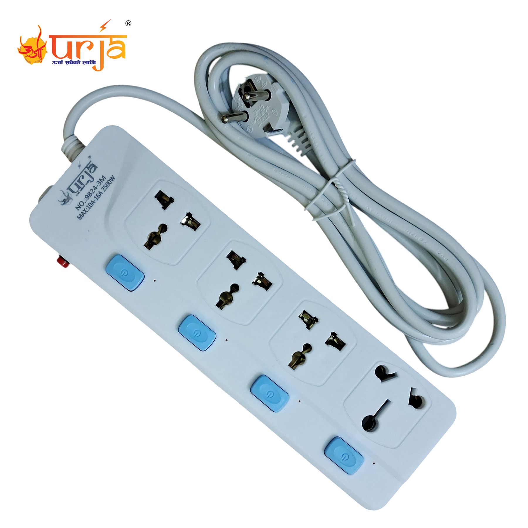 Urja 9824-3M 4-Socket Power Strip with Surge Protector, 2.5M Cable, Individual Switches, Universal Multiplug