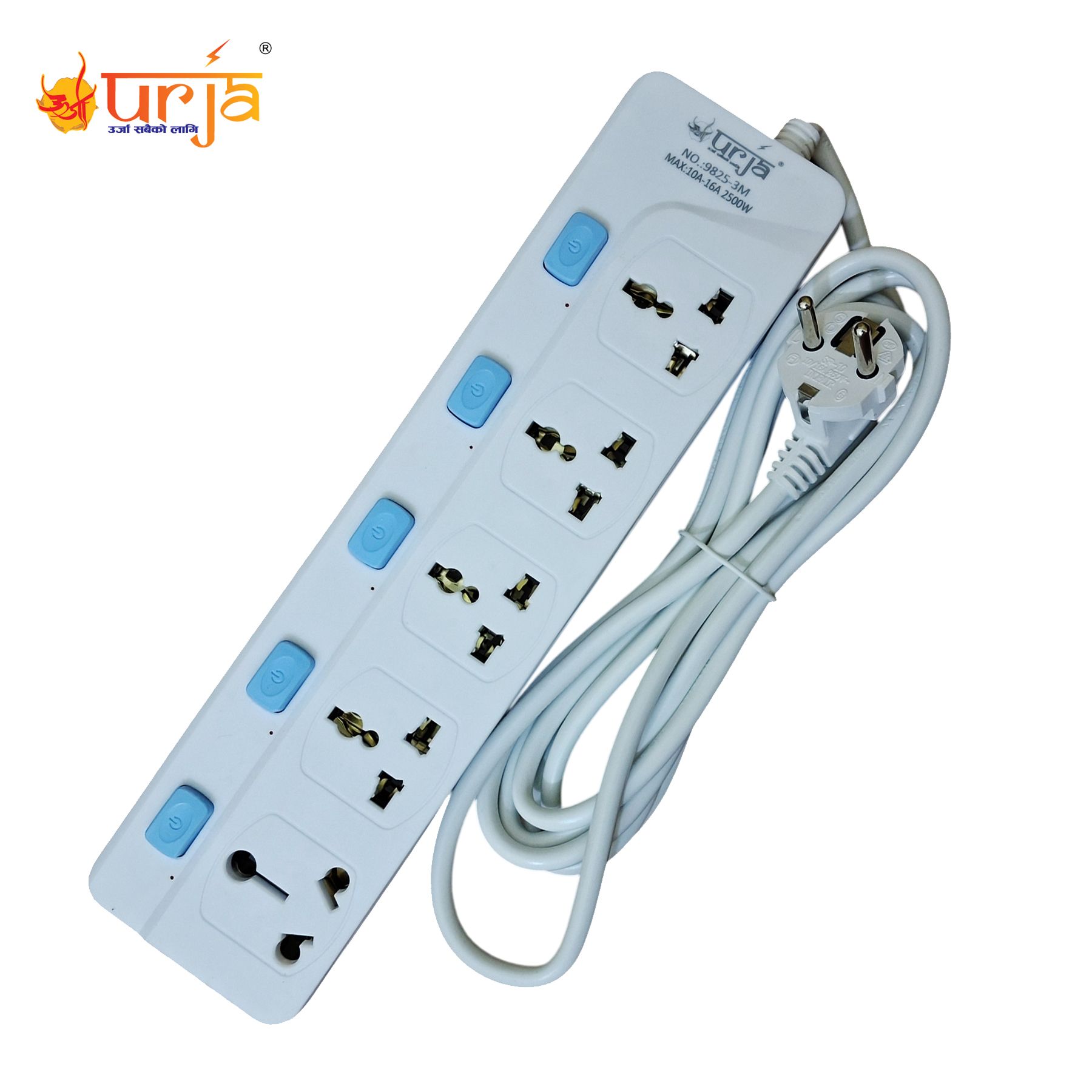 Urja 9825-3M 5-Socket Power Strip with Surge Protector, 2.5M Cable, Individual Switches, Universal Multiplug