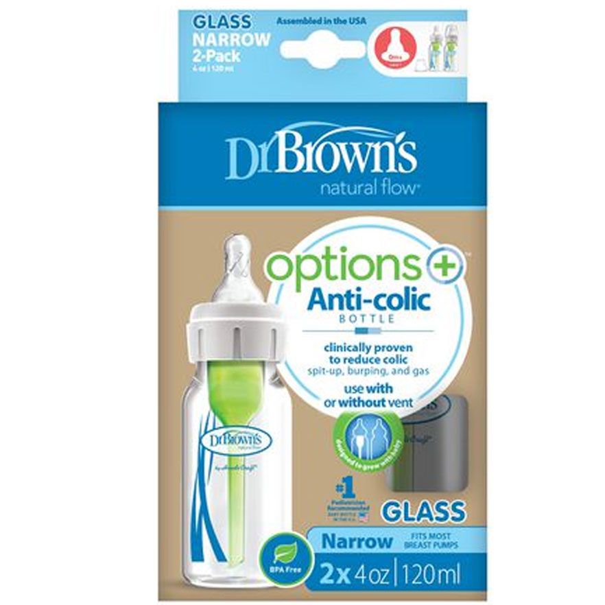 Dr Brown's 4 oz /120 mL Options+ Glass Narrow Baby Bottles, 2-Pack, SB42003-P2