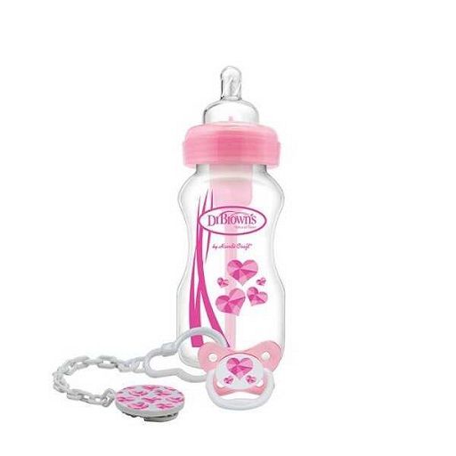 Dr Brown's 9oz/ 270 ml Wide-Neck Option Baby Pink Bottle With Soother Gift set, WB91306-INTLX