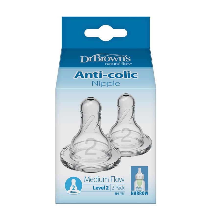 Dr Brown's Level-2 Silicone Narrow-Neck"Options" Nipple, 2-Pack(3-6months),  322-INTL