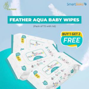 R for Rabbit Feather Aqua  Baby Wipes (pack of 72 with lid )-BIFA72L ( Buy 1 Get 2 Free)