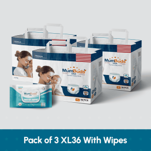 MumBuds American Ultra Thin Baby Diaper XL 36Pcs Pack of 3 with Wipes
