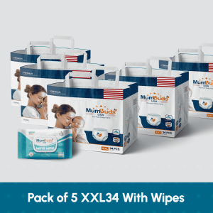 MumBuds American Ultra Thin Baby Diaper XXL 34Pcs Pack of 5 with Wipes