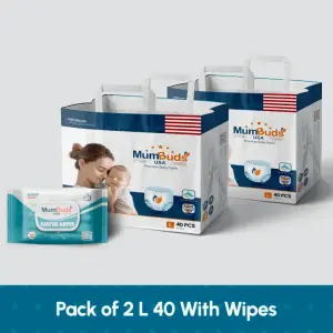 MumBuds American Ultra Thin Baby Diaper 40Pcs Large Pack of 2 with Wipes