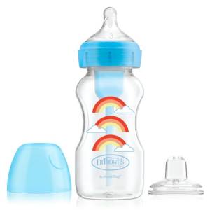Dr. Brown's Options+ Wide-Neck Blue Deco Bottle w/ Sippy Spout (+L3 Nipple in Bottle), Single 9 oz/270ml,  WB91605-P3