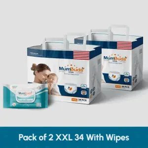 MumBuds American UltraThin Baby Diaper XXL 34Pcs Pack of 2 With Wipes
