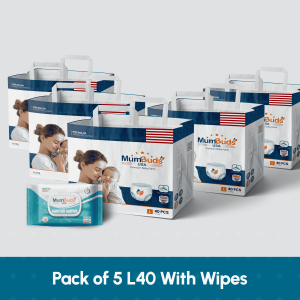 MumBuds American UltraThin Baby Diaper Large 40Pcs Pack of 5 With Wipes