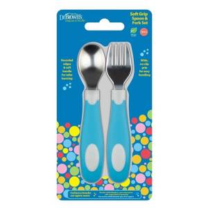 Dr. Brown's TF028 Soft Grip Spoon & Fork Set, Blue and White