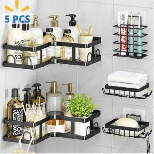 5 Pack Rustproof Stainless Steel Shower Caddy Strong Adhesive Organizer For Bathroom Storage & Home Decor & Kitchen