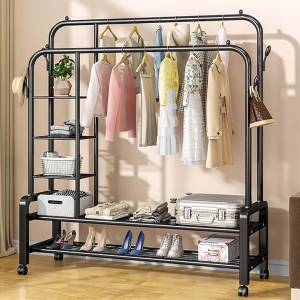 Double Rails Garment Rack with 4 Tier Storage Shelves & 4 Hooks Coat Rack & Clothe Hanger Stand With Wheels Full Body Metal