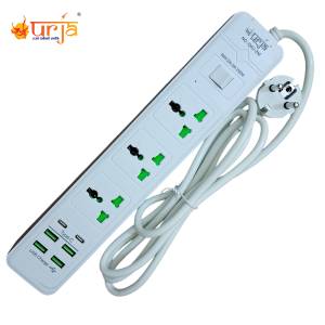 Urja Q4U-2M 3 Port 4USB & 2 Port PD charging slot Surge Protector - 2500W (10-16A) Universal Extension Multiplug with Plug Bush Teeth Technology