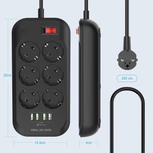 Lucky Hawk Power Strip with 4 USB Ports & 6 Multiple Socket Adapter Plug with 2m Cable, EU Socket for Smartphones Tablets, Home & Office