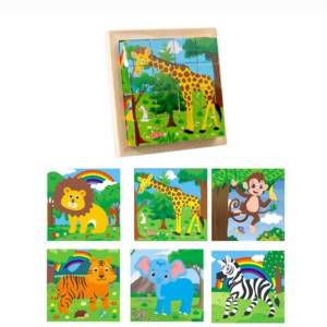 Cute Baby 6 In 1 Multi Puzzle Colorful Wooden Board, 16 Cubes with 6 Different Wild Animal Patterns