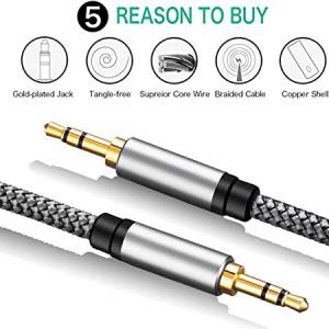 3.5mm Nylon Braided 3 Pole Jack Audio Auxiliary Input Adapter Male to Male Aux Cable 1M for Headphones, Car, Home Stereos, Speaker, Echo & More
