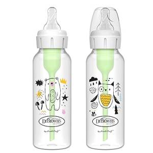 Dr Brown's Natural Flow Anti-Colic Options+ Narrow Baby Bottle, Bear & Owl, 8 oz/250 mL, with Level 1 Nipple 0m+, 2-Pack, SB82041