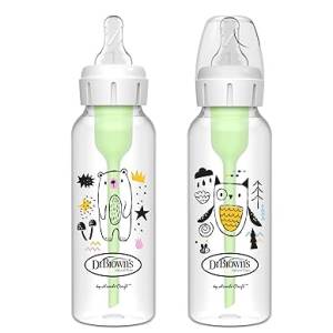 Dr Brown's Natural Flow Anti-Colic Options+ Narrow Baby Bottle, Bear & Owl, 8 oz/250 mL, with Level 1 Nipple 0m+, 2-Pack, SB82041
