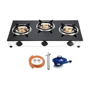 Glass Top 3 Burner Automatic Gas Stove Set With Regulator and Pipe