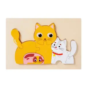 Colorful Wooden Cat Family Puzzle 3D Layered Animal Puzzle for Kids