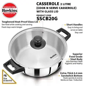 Hawkins Stainless Steel Casserole Cook And Serve With Toughened Glass Lid