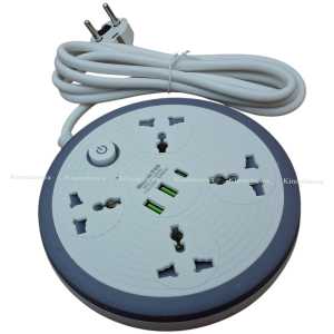 Universal Power Strip Extension Board with 4 Sockets & 3 USB Ports (USB-C Included) - Round Multiplug Socket T68
