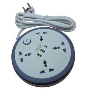 Universal Power Strip Extension Board with 4 Sockets & 3 USB Ports (USB-C Included) - Round Multiplug Socket T68