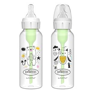 Dr Brown's Natural Flow Anti-Colic Options+ Narrow Baby Bottle, Bear & Owl, 8 oz/250 mL, with Level 1 Nipple 0m+, 2-Pack, SB82041