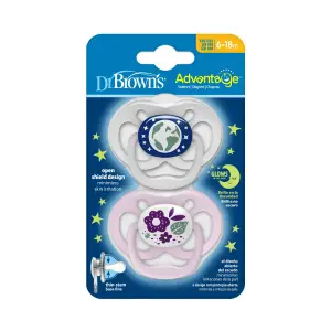 Dr Brown's Advantage Pacifiers, Stage 2, Glow in the Dark, Pink, 2-Pack(6-18m), PA22003- INTL