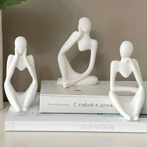 Thinker Statue White Decor 3Pcs Set Abstract Art Sculpture Resin - Get 1 free Crystal ball