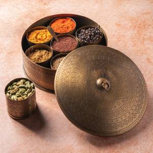 Curaa by YFL Home Brass Spice Box for Kitchen with Spoon