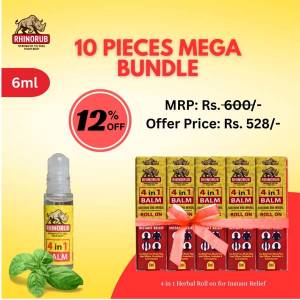 RhinoRub 4 in 1 Roll-On 6ml - Muscle Pain, Joint Stiffness, Headache,  Cold and Congestion (Pack of 10)