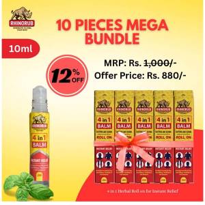 RhinoRub 4 in 1 Roll-On 10Ml - Muscle Pain, Joint Stiffness, Headache, Cold and Congestion (Pack of 10)