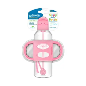 Dr Brown's  8oz/250ml PP N Sippy Straw Bottles w/ Silicone Handles, Pink, Single, SB81101