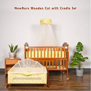 Kidzco Wooden Cot with Infant Cradle Set, Attachable to Bed, 2 Sleeping Height, Full Drop Net