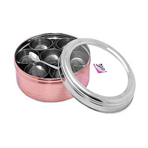 Famous Copper hammered Steel Masala Box With Glass Lid