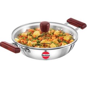 Hawkins Triply Stainless Steel Deep-Fry Pan Kadai With Glass Lid 28 Cm