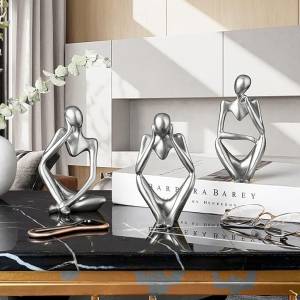 Thinker Statue Silver Decor  Abstract Art Sculpture Resin 3Pcs Set