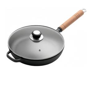 Heavy Duty 28Cm Fry pan with Glass Lid and  Wooden Handle