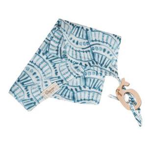 Crane baby BC-130TH, Whale Wooden Teether & Muslin Indigo Print Security Blanket