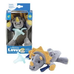 Dr. Brown's Teddy the Triceratops Lovey with Aqua HappyPaci Silicone One-Piece Pacifier, AC122-P6- 0-6m