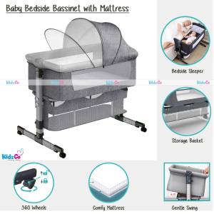 Baby Bedside Bassinet with Mattress Co-Sleeper, Height Adjustable, Cradle and Fixed Mode