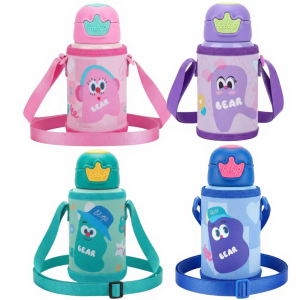 Stainless Steel 500Ml Cartoon Bear Vacuum Flask Thermos Bottle with Carrier Pouch