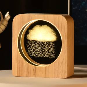 Dreamy 3D Raincloud Crystal Night Lamp Luminous Glass Art with Solid Hand Finished Beechwood LED Base