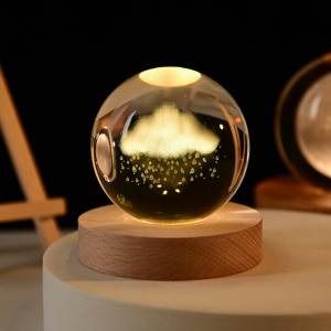 Raining Cloud Crystal Ball Lamp with Led Wood Base  6cmx8cm