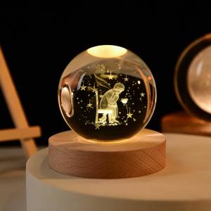 Little Prince Crystal Ball Lamp with Led Wood Base 6cmx8cm