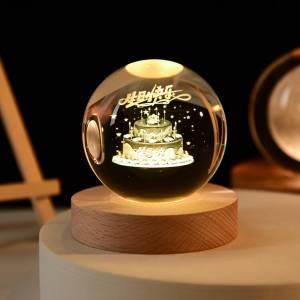 Happy Birthday Crystal Ball Lamp With Led Wood Base