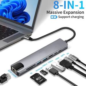 8 In 1 Type C To USB-C 4K HDMI Adapter USB 3.0 Multiport Cable Hub